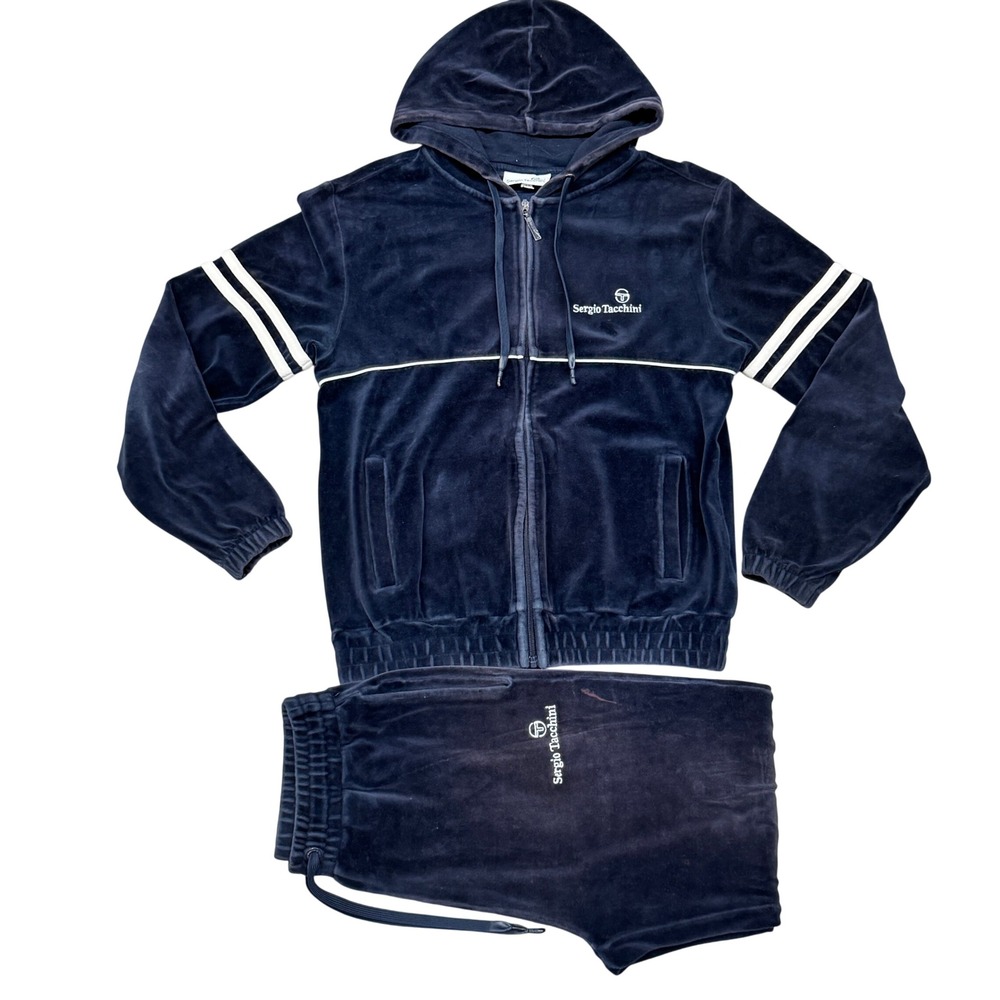 Size Small - Sergio Tacchini Mens Velour Tracksuit Navy Blue Hoodie Set
